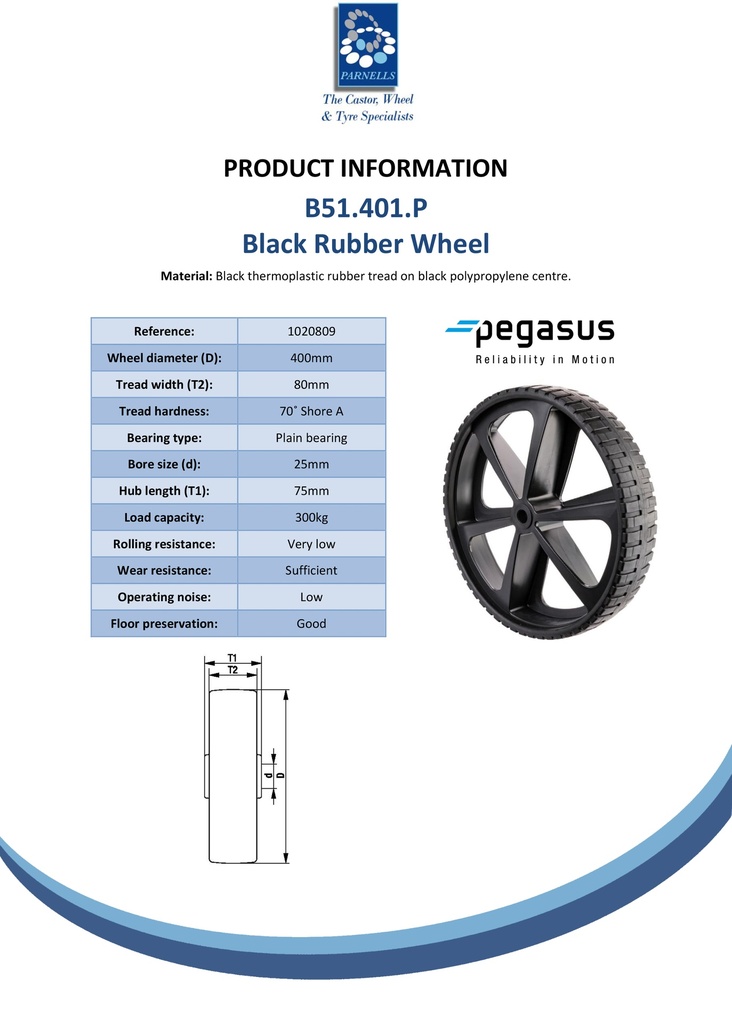 B51.401.P Wheel series 400mm black thermoplastic rubber on black polypropylene centre 25mm bore hub length 75mm plain bearing 300kg - Spec sheet