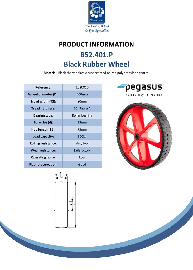 B52.401.P Wheel series 400mm black thermoplastic rubber on red polypropylene centre 25mm bore hub length 75mm roller bearing 300kg - Spec sheet