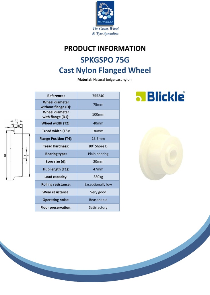 SPKGSPO 75G Wheel series 75mm flanged cast nylon 20mm bore hub length 47mm plain bearing 380kg - Spec sheet