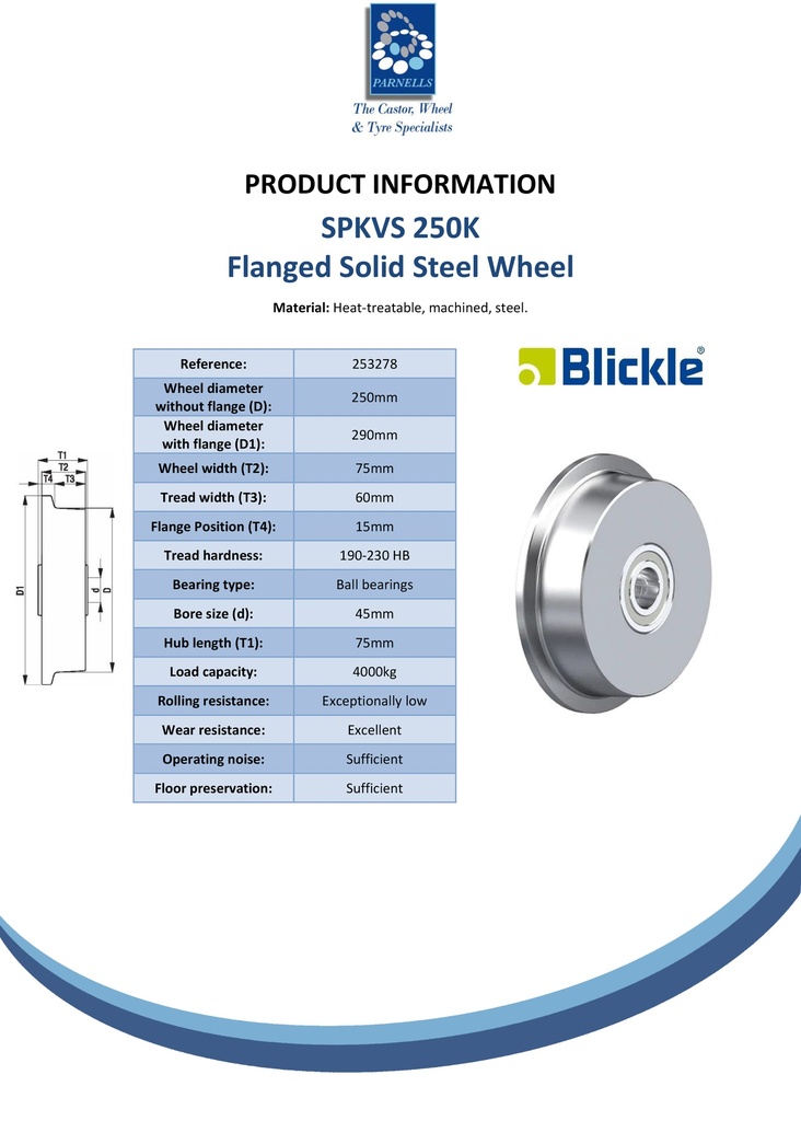 SPKVS 250K Wheel series 250mm flanged solid steel 45mm bore hub length 75mm ball bearings 4000kg - Spec sheet