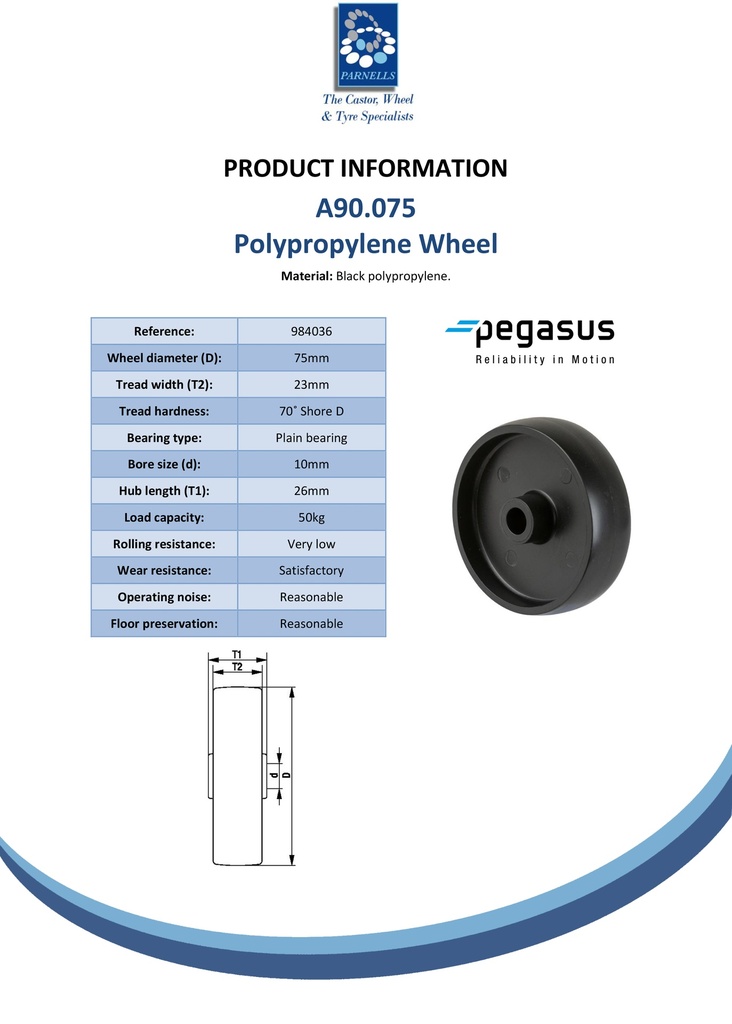 A90.075 Wheel series 75mm black polypropylene 10mm bore hub length 26mm plain bearing 50kg - Spec sheet