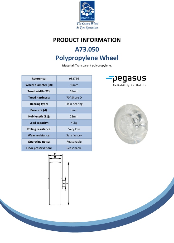 A73.050 Wheel series 50mm transparent polypropylene, skater-style, 8mm bore hub length 22mm plain bearing 40kg - Spec sheet