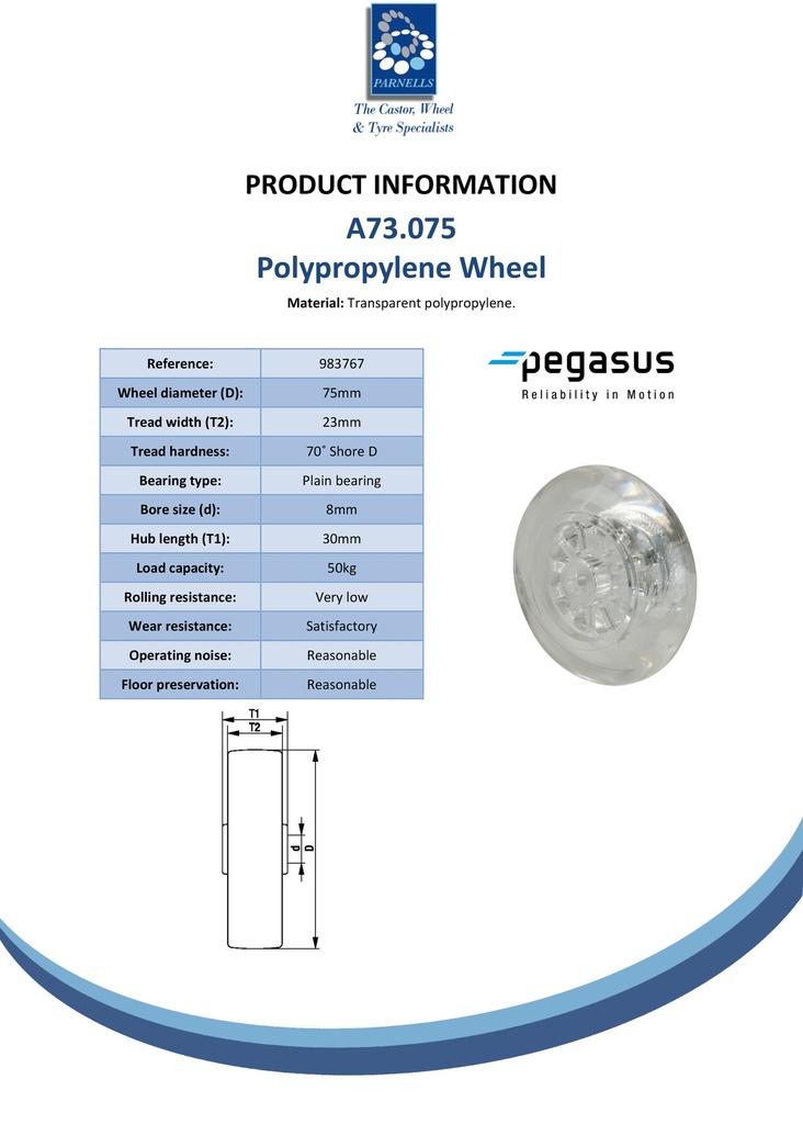 A73.075 Wheel series 75mm transparent polypropylene, skater-wheel style, 8mm bore hub length 30mm plain bearing 50kg - Spec sheet