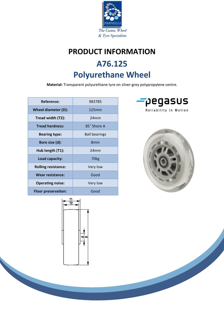 A76.125 Wheel series 125mm transparent polyurethane on silver-grey polypropylene centre, skater-wheel style, 8mm bore hub length 24mm ball bearings 70kg - Spec sheet
