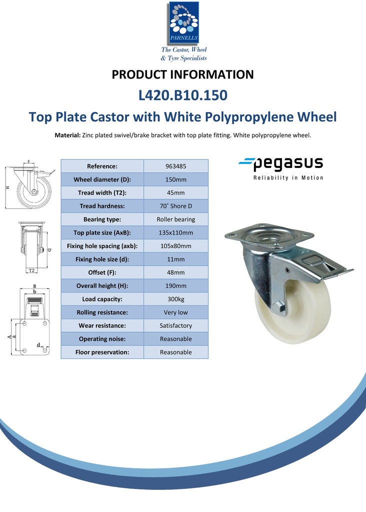 L420.B10.150 150mm swivel/brake top plate 135x110mm castor with polypropylene roller bearing wheel 300kg - Spec sheet