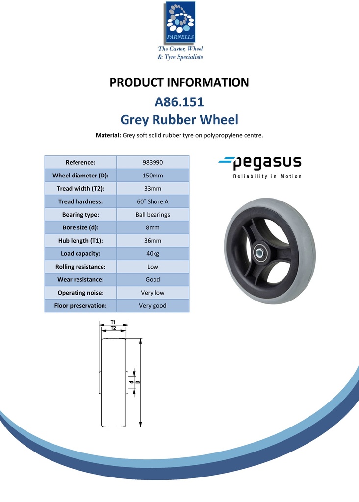 A86.151 Wheel series 150mm grey rubber on polypropylene centre 8mm bore hub length 36mm ball bearings 40kg - Spec sheet