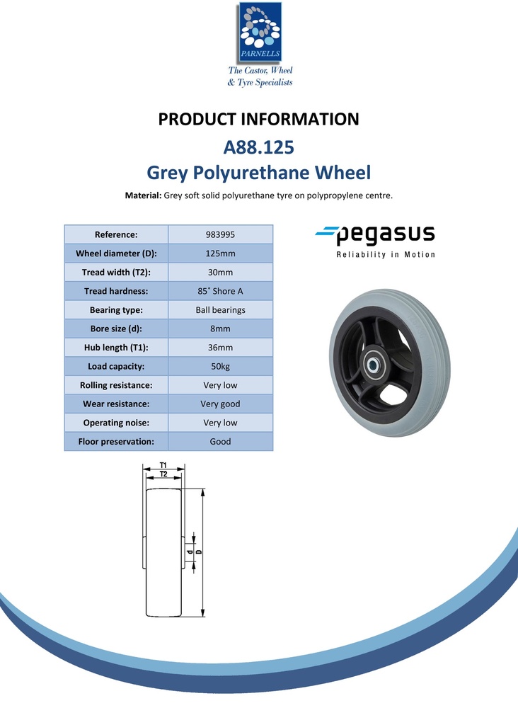 A88.125 Wheel series 125mm grey polyurethane on polypropylene centre 8mm bore hub length 36mm ball bearings 50kg - Spec sheet