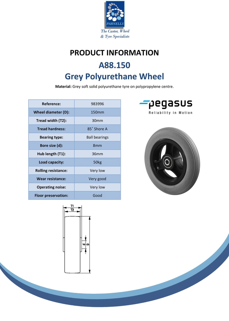 A88.150 Wheel series 150mm grey polyurethane on polypropylene centre 8mm bore hub length 36mm ball bearings 50kg - Spec sheet