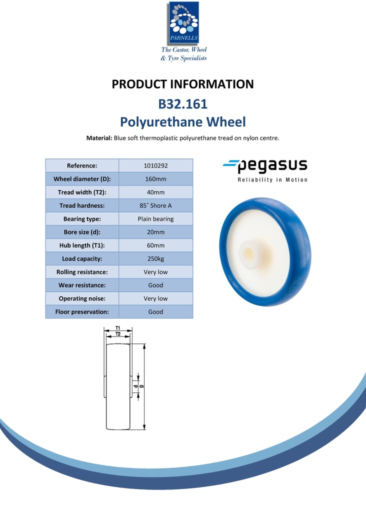 B32.161 Wheel series 160mm blue soft polyurethane on nylon centre 20mm bore hub length 60mm plain bearing 250kg - Spec sheet