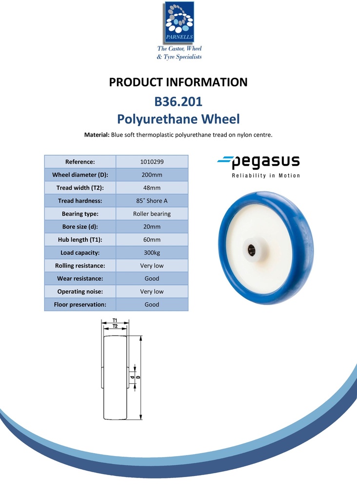 B36.201 Wheel series 200mm blue soft polyurethane on nylon centre 20mm bore hub length 60mm roller bearing 300kg - Spec sheet