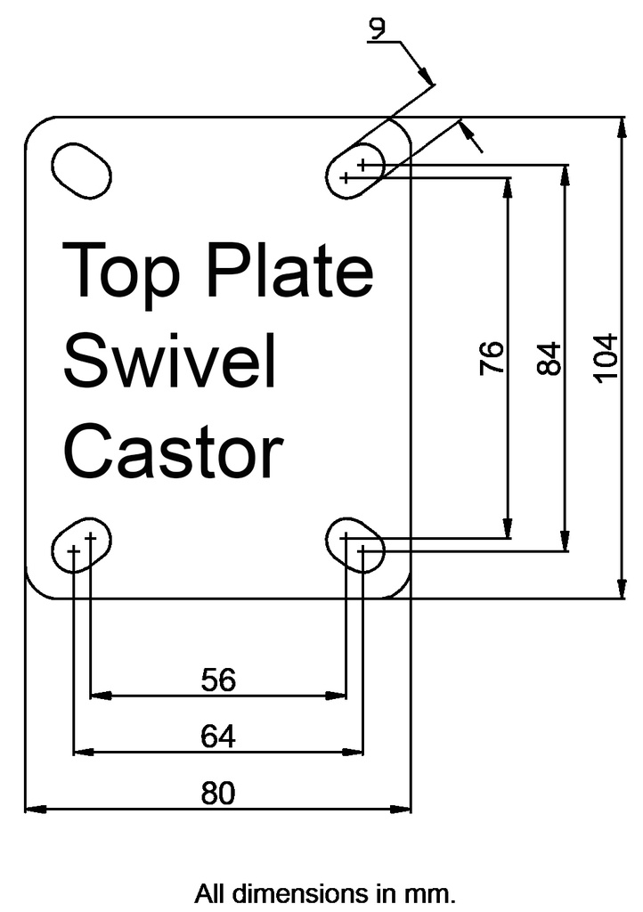 L400.A85.102 100mm swivel top plate 104x80mm castor with grey thermoplastic rubber on polypropylene centre single ball bearing wheel 110kg - Plate dimensions
