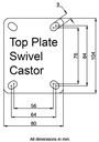 L400.A85.102 100mm swivel top plate 104x80mm castor with grey thermoplastic rubber on polypropylene centre single ball bearing wheel 110kg - Plate dimensions