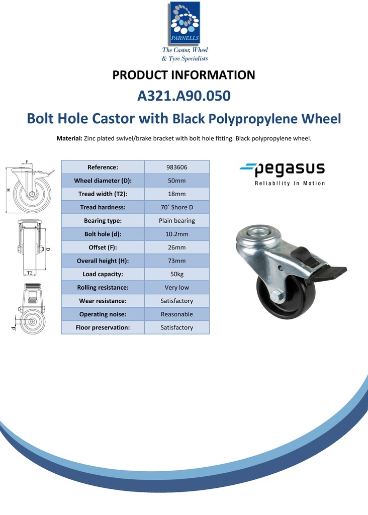 A321.A90.050 50mm swivel/brake bolt hole 10mm castor with black polypropylene plain bearing wheel 50kg - Spec sheet