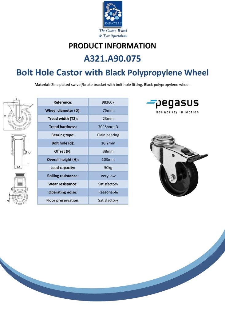 A321.A90.075 75mm swivel/brake bolt hole 10mm castor with black polypropylene plain bearing wheel 50kg - Spec sheet