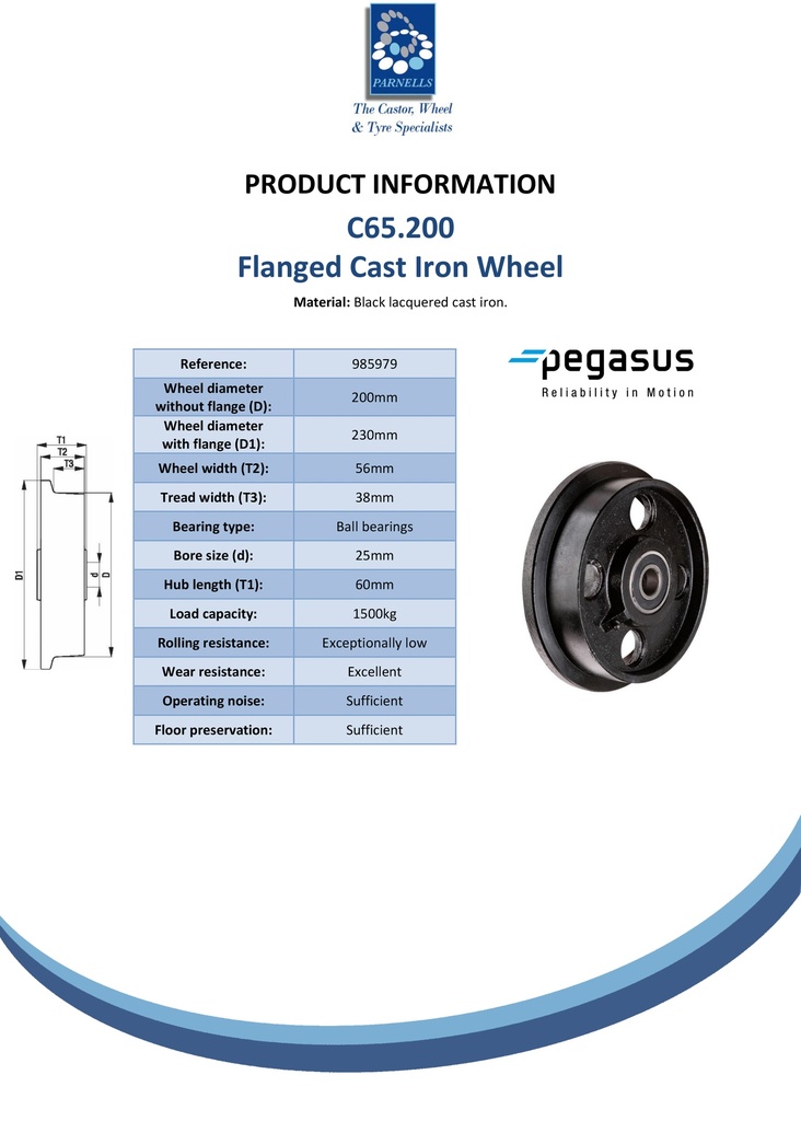C65.200 Wheel series 200mm flanged cast iron 25mm bore hub length 60mm ball bearing 1500kg - Spec sheet