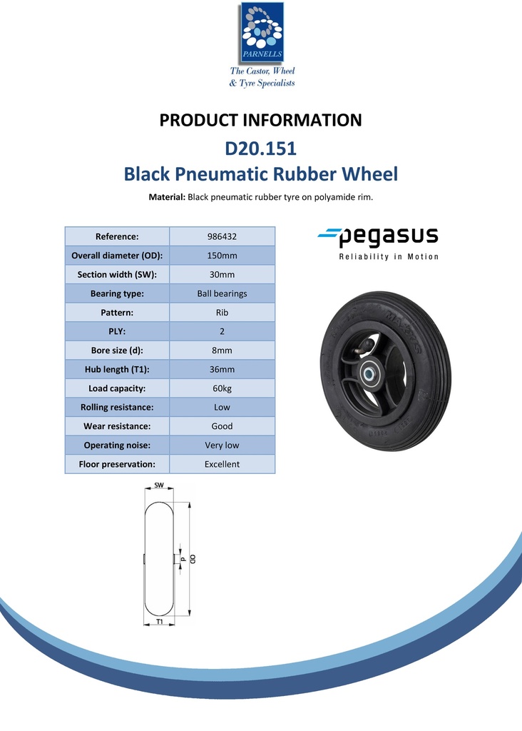 D20.151 Pneumatic wheel series 150x30mm 2ply black rubber on polyamide rim 8mm bore hub length 36mm ball bearing 60kg - Spec sheet