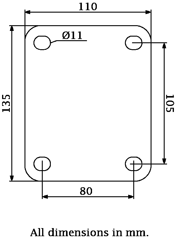 L600.C10.150, 150mm swivel top plate 135x110mm castor with brown polyurethane on cast iron centre ball bearing wheel 800kg - Plate dimensions