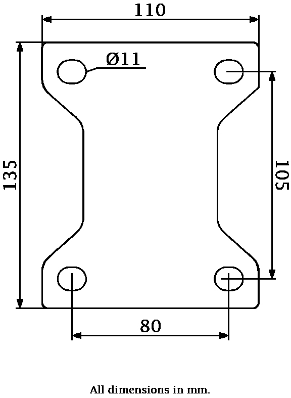 L610.C10.150, 150mm fixed top plate 135x110mm castor with brown polyurethane on cast iron centre ball bearing wheel 800kg - Plate dimensions