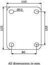 L620.C10.150, 150mm swivel/brake top plate 135x110mm castor with brown polyurethane on cast iron centre ball bearing wheel 800kg - Plate dimensions