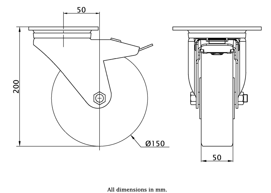 L620.C10.150, 150mm swivel/brake top plate 135x110mm castor with brown polyurethane on cast iron centre ball bearing wheel 800kg - Dimensions