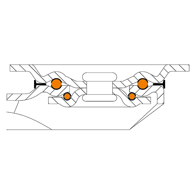 L620.C10.150, 150mm swivel/brake top plate 135x110mm castor with brown polyurethane on cast iron centre ball bearing wheel 800kg - Swivel head cross section