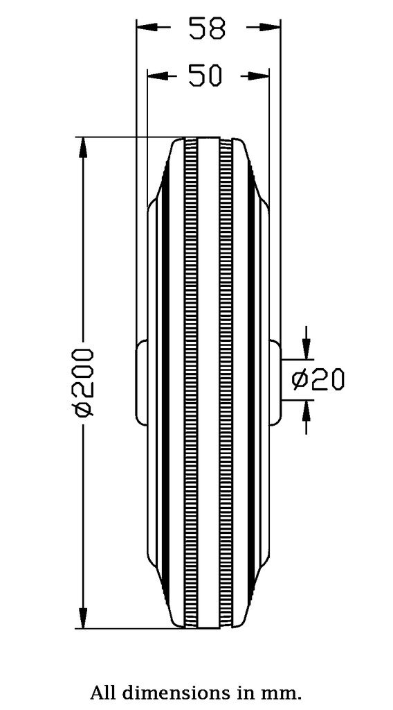 200mm black rubber on pressed steel centre 20mm bore hub length 58mm roller bearing 200kg - Wheel dimensions