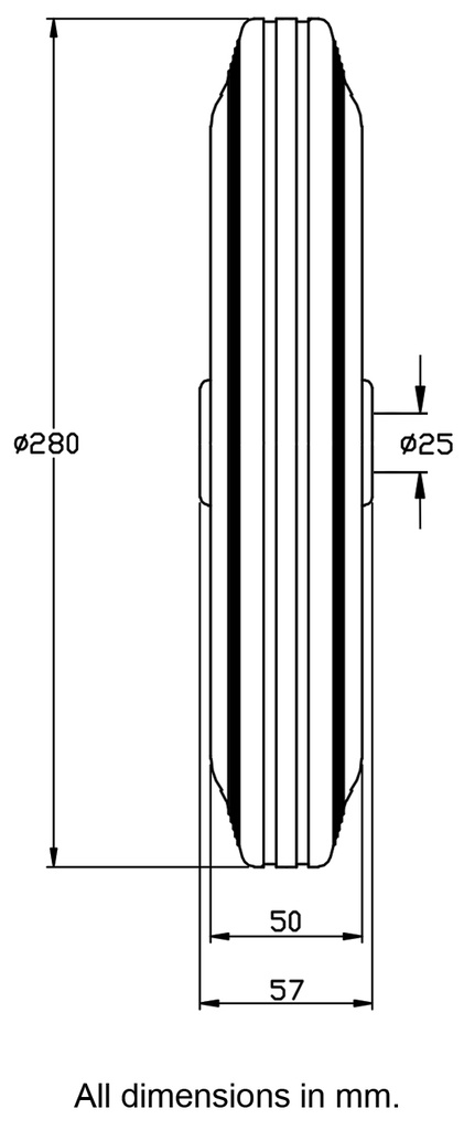 280mm black rubber on pressed steel centre 25mm bore hub length 57mm roller bearing 220kg - Dimensional guide