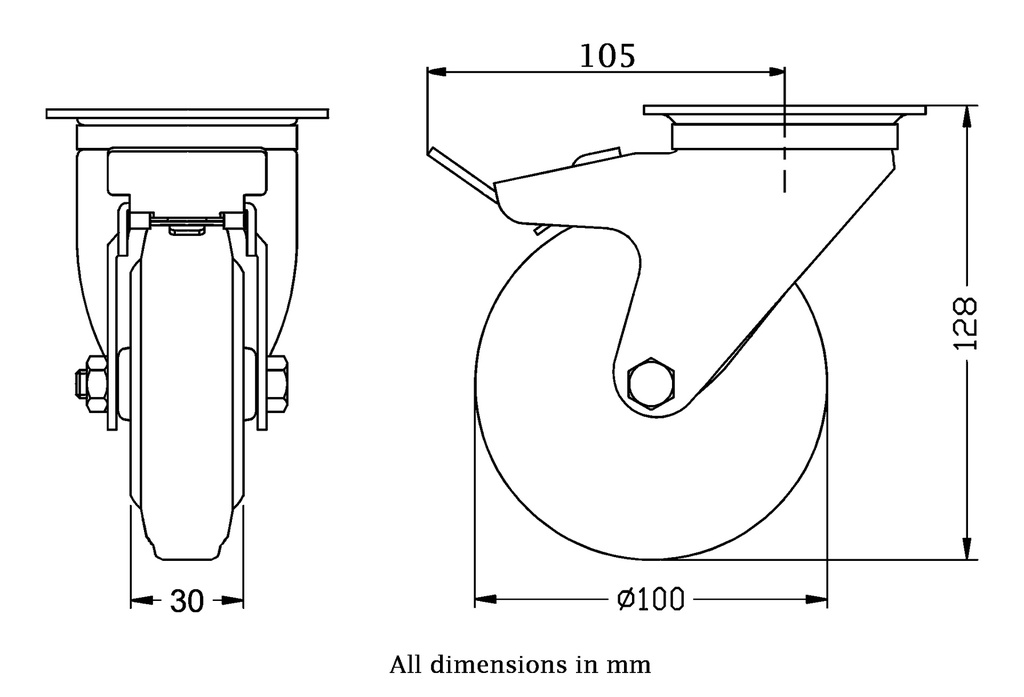 300 series 100mm swivel/brake top plate 100x80mm castor with black rubber on pressed steel centre roller bearing wheel 90kg - Castor dimensions