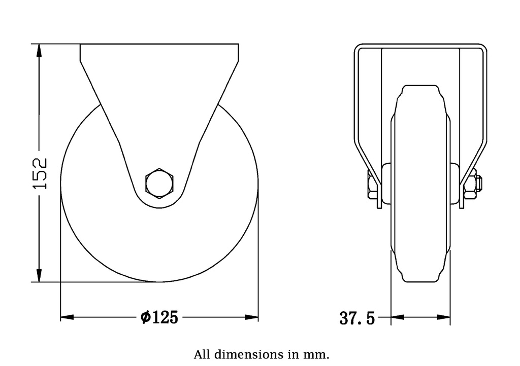300 series 125mm fixed top plate 100x84mm castor with black rubber on pressed steel centre roller bearing wheel 120kg - Castor dimensions