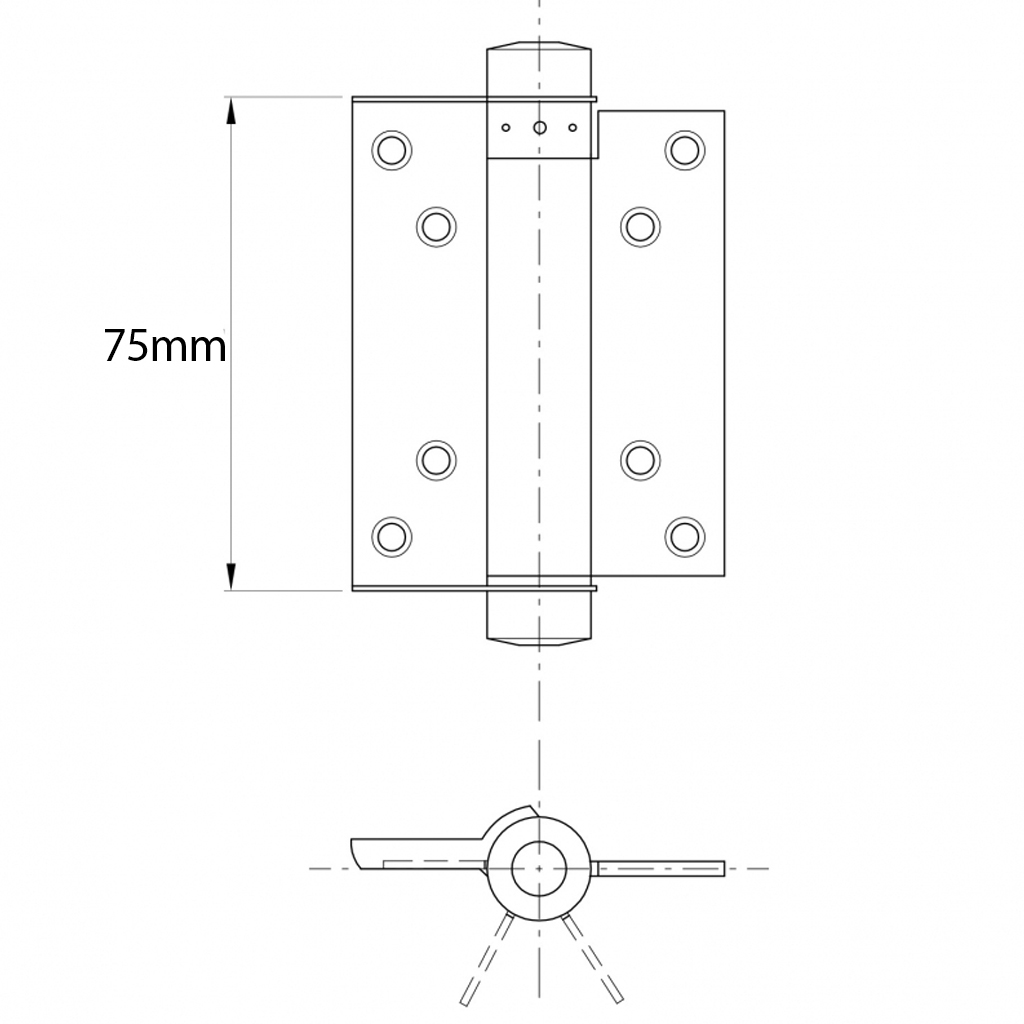75mm Spring hinge zinc plated Drawing with Dimensions