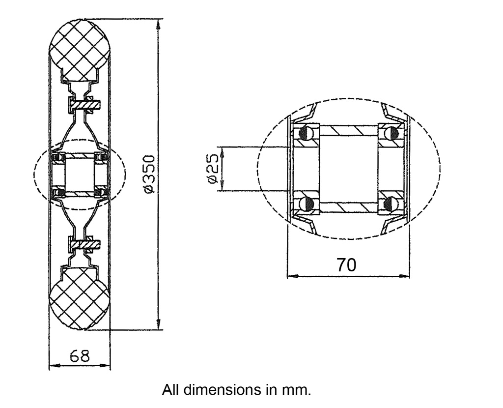 Wheel series 350mm black rubber on pressed steel centre 25mm bore hub length 70mm ball bearings 350kg - Wheel dimensions