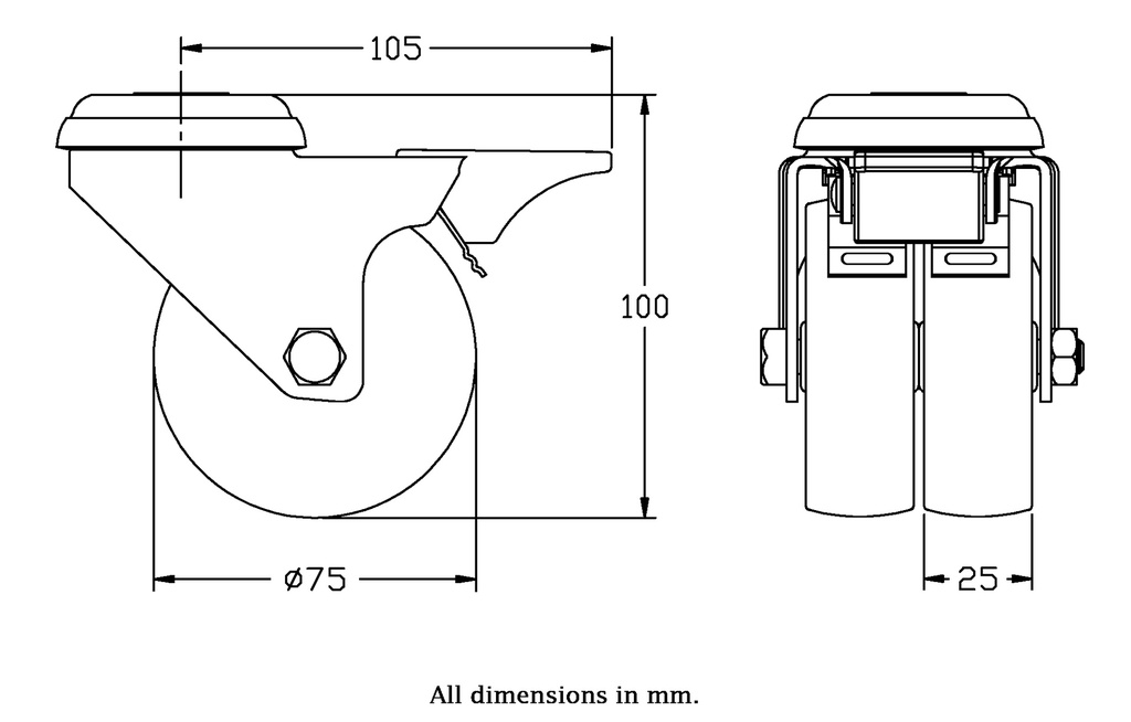 100 series 2x75mm swivel/brake bolt hole 12mm castor with grey TPR-rubber on polypropylene centre plain bearing wheels 100kg - Castor dimensions