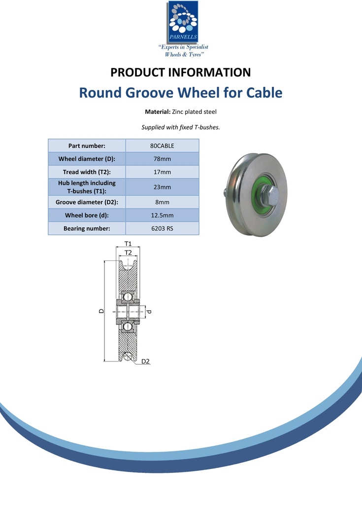 80mm Round groove wheel with 8mm groove for cable - Spec sheet