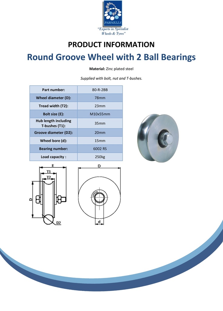 80mm Round groove wheel with 2 ball bearing - Spec sheet