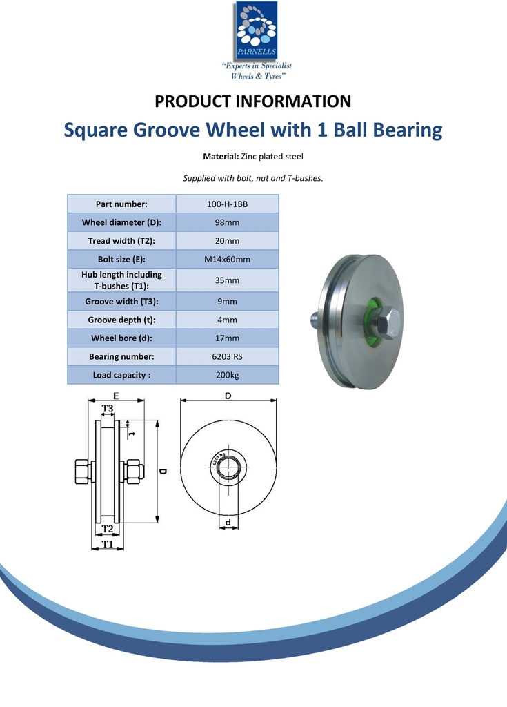100mm Square groove wheel with 1 ball bearing Spec Sheet