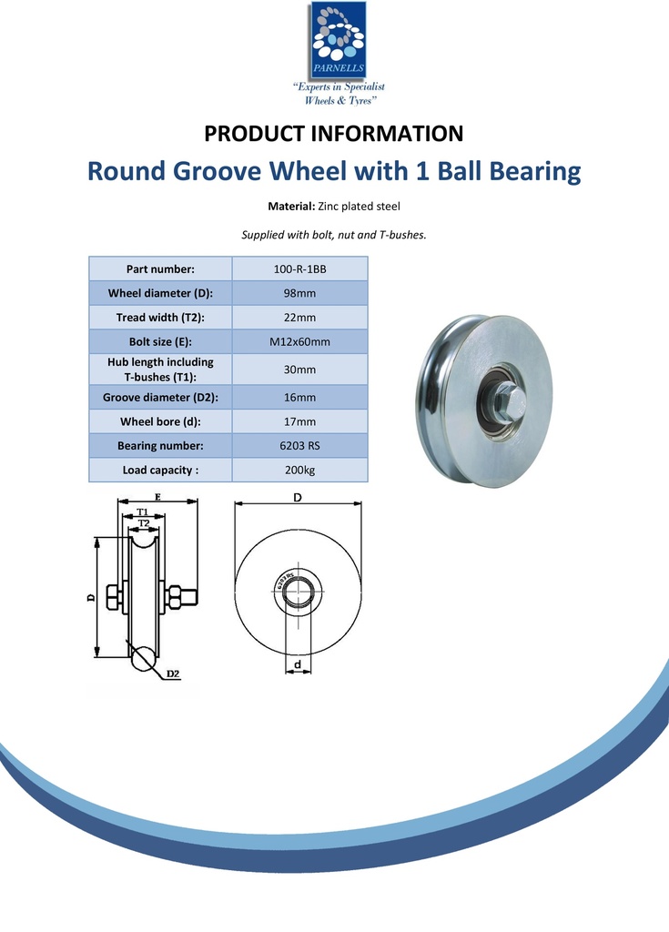 100mm Round groove wheel with 1 ball bearing - Spec sheet