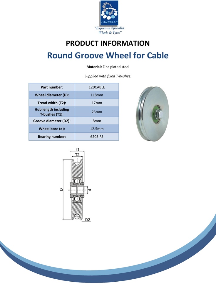 120mm Round groove wheel with 8mm groove for cable - Spec sheet