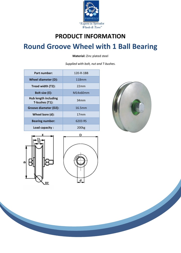 120mm Round groove wheel with 16.5mm groove 1 ball bearing - Spec sheet