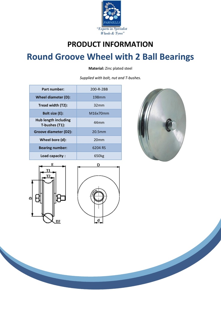 200mm Round groove wheel 20.5mm groove 2 ball bearing - Spec sheet