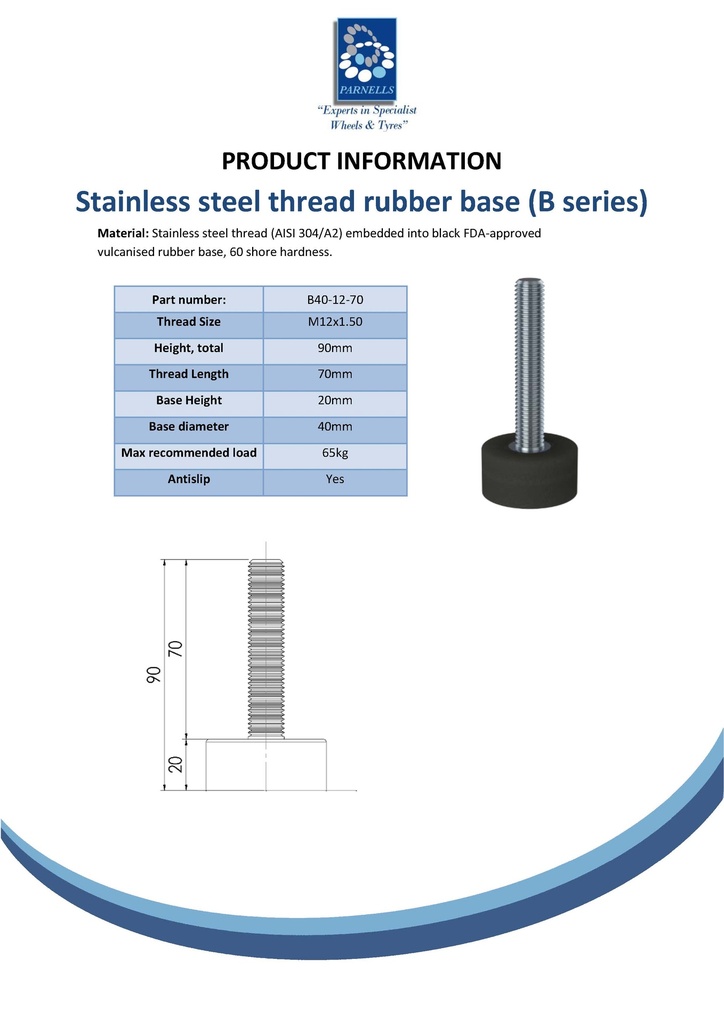M10x70 Stainless levelling foot 40mm plastic base 800kg AISI 304/A2