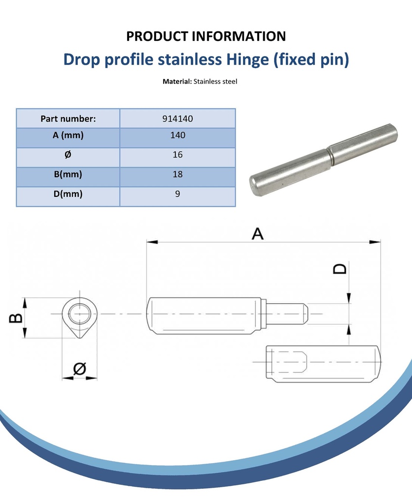 140x16mm Ø Drop profile stainless steel hinge Spec Sheet