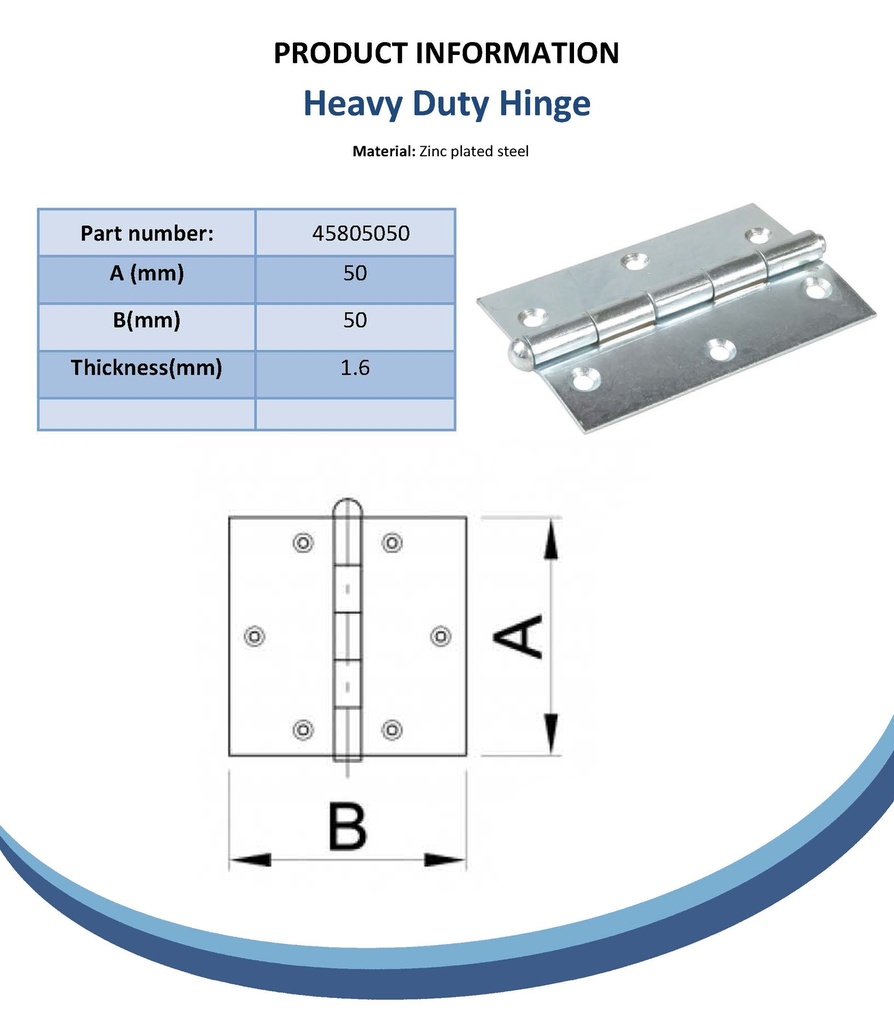 50x50mm heavy duty hinge zinc plated Spec Sheet