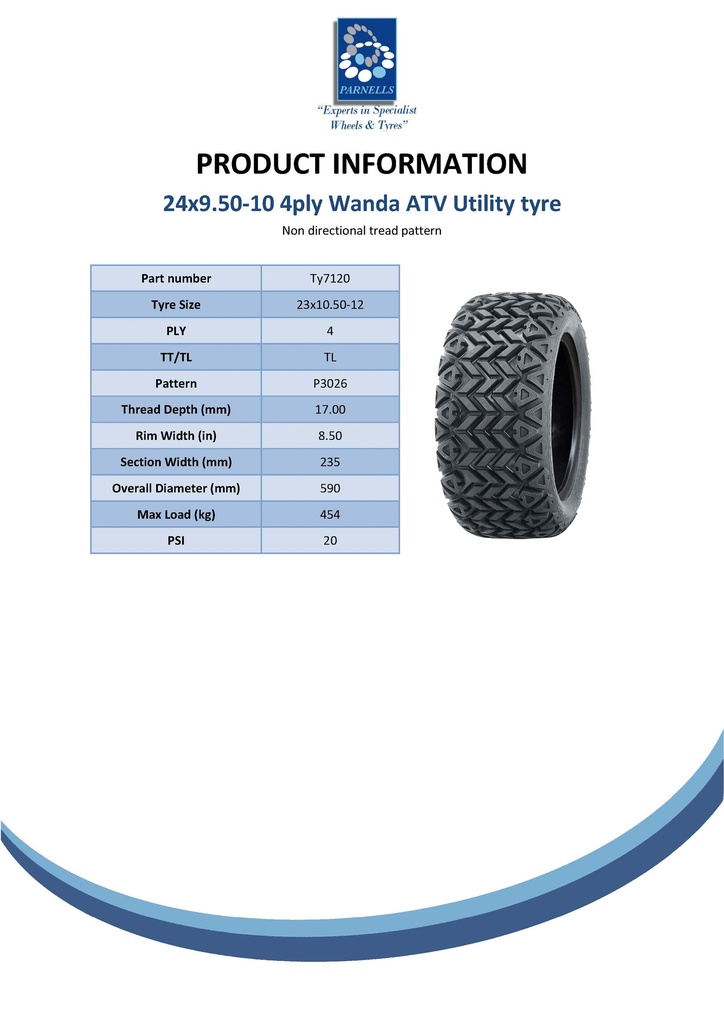 23x10.50-12 4pr Wanda P3026 utility tyre Spec Sheet