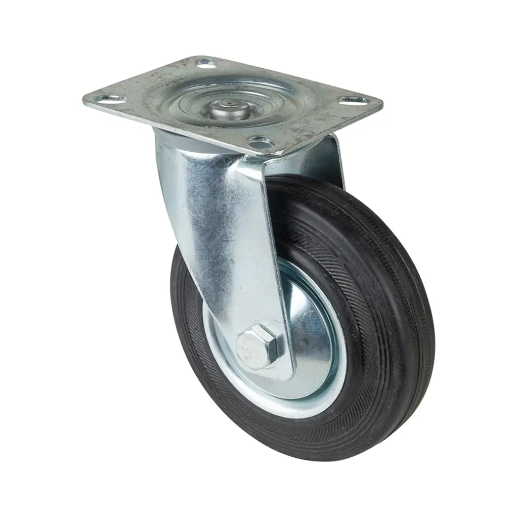 L400.B55.126 125mm swivel top plate 105x80mm castor with black rubber on pressed steel centre and thread guards roller bearing wheel 100kg