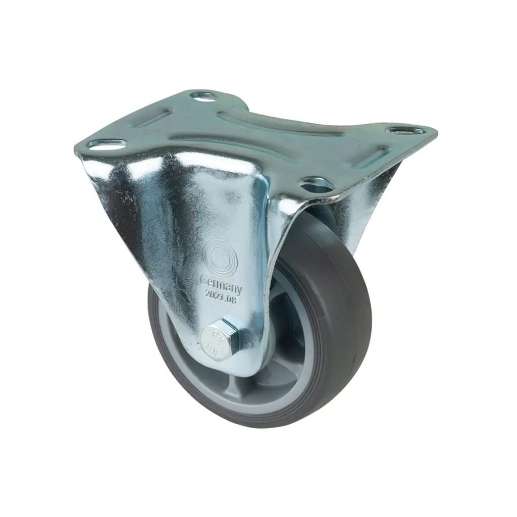 L410.A85.082 80mm fixed top plate 104x80mm castor with grey thermoplastic rubber on polypropylene centre single ball bearing wheel 100kg
