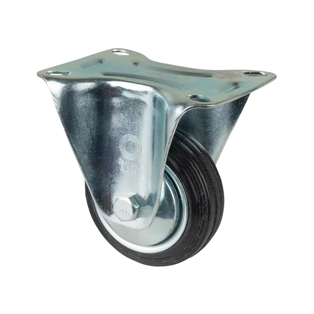 L410.B55.081 80mm fixed top plate 104x80mm castor with black rubber on pressed steel centre and thread guards roller bearing wheel 50kg