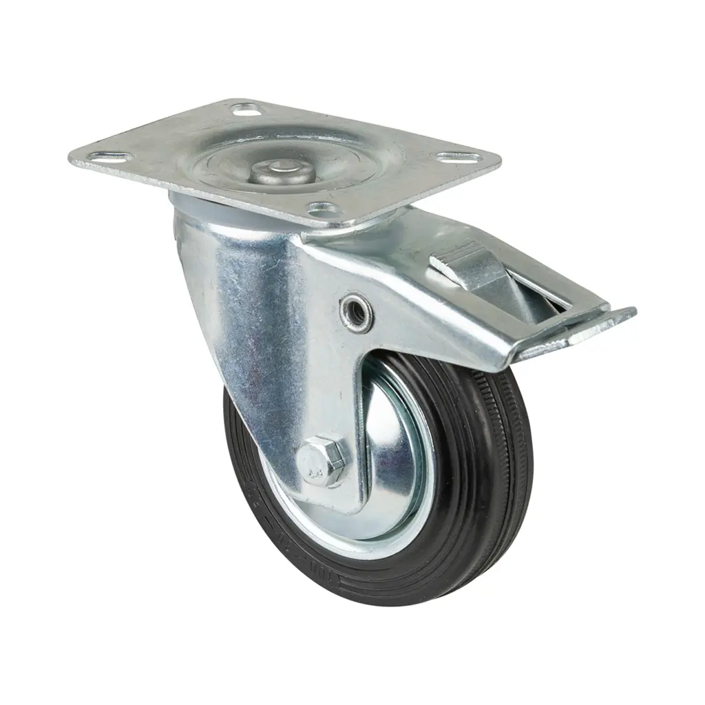 L420.B55.101 100mm swivel/brake top plate 104x80mm castor with black rubber on pressed steel centre and thread guards roller bearing wheel 70kg