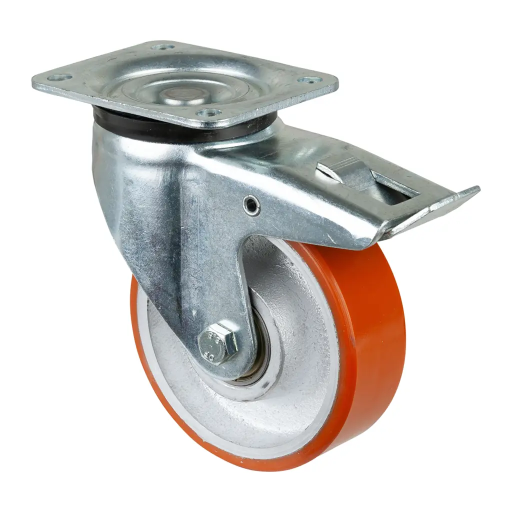 L620.C10.150, 150mm swivel/brake top plate 135x110mm castor with brown polyurethane on cast iron centre ball bearing wheel 800kg