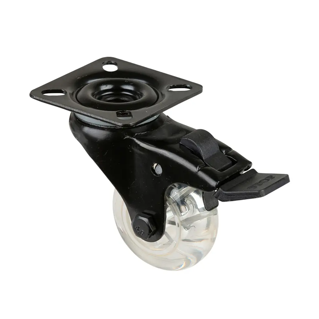 A820.A73.050 50mm swivel/brake top plate 60x60mm castor with transparent polypropylene plain bearing wheel 40kg