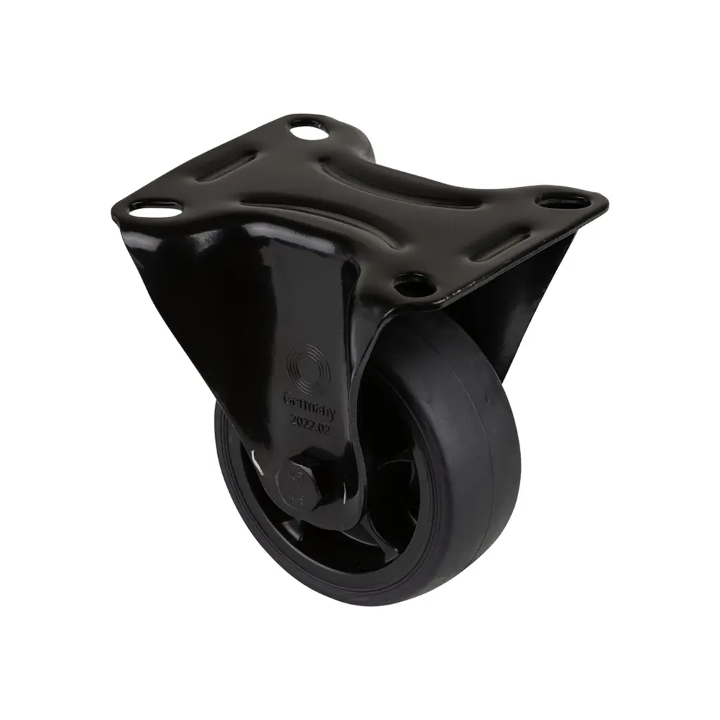 L810.B44.081.06 80mm fixed top plate 104x80mm castor with black thermoplastic rubber on polypropylene centre roller bearing wheel 100kg